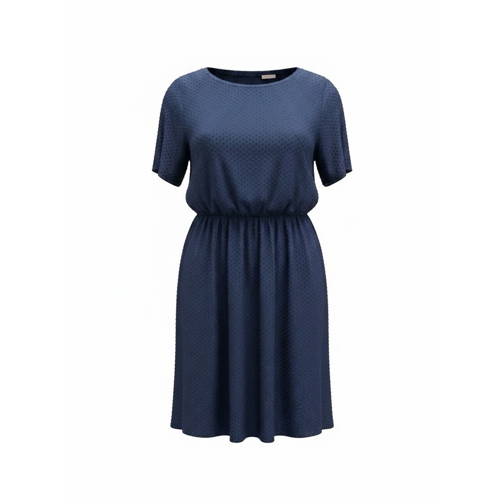 Hello Miz Women's Large Navy Blue Swiss Dot Short Sleeve Fit & Flare Dress